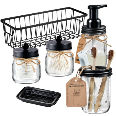 6Pack Mason Jar Bathroom Accessories Set，Black