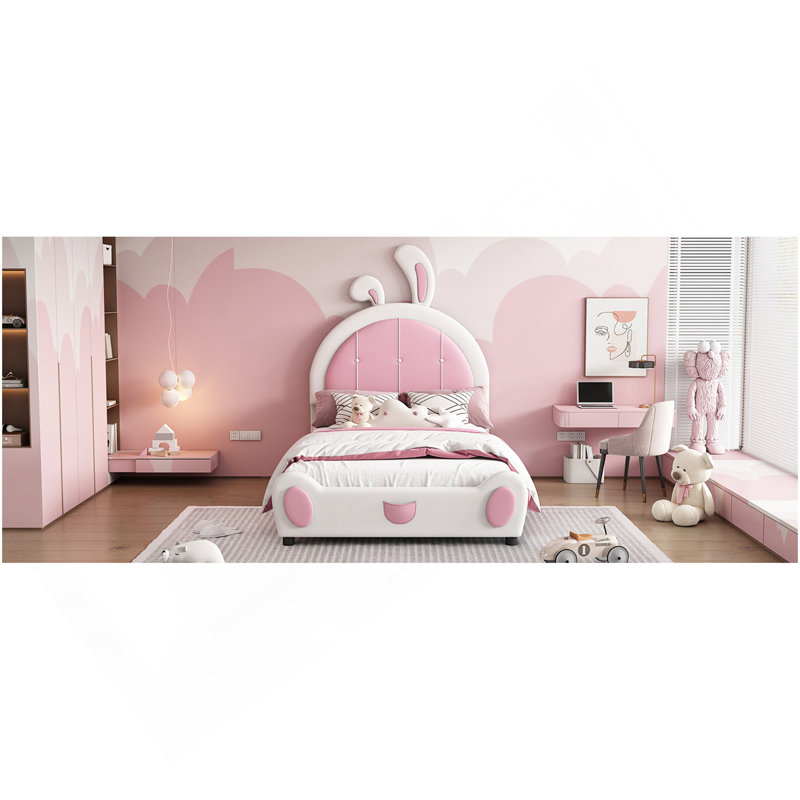Lit plateforme simple tapissier avec tête de lit en forme de lapin, blanc