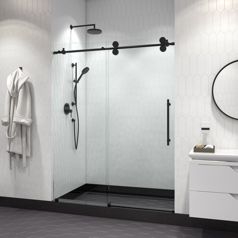  Cosmo 68 - Porte de douche coulissante sans cadre 72 x 77 po en verre trempé transparent 3/8 po, Noir mat