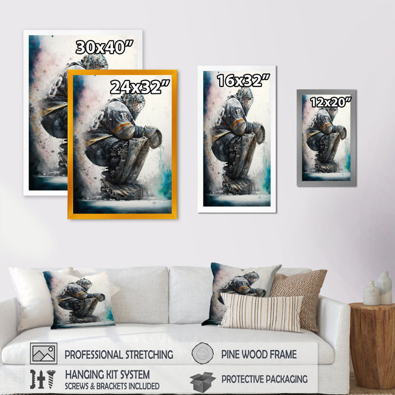 Hockey Gardien I - Impression sur toile, Impression noire sur toile encadrée, H 20 po x l 12 po x P 1 po