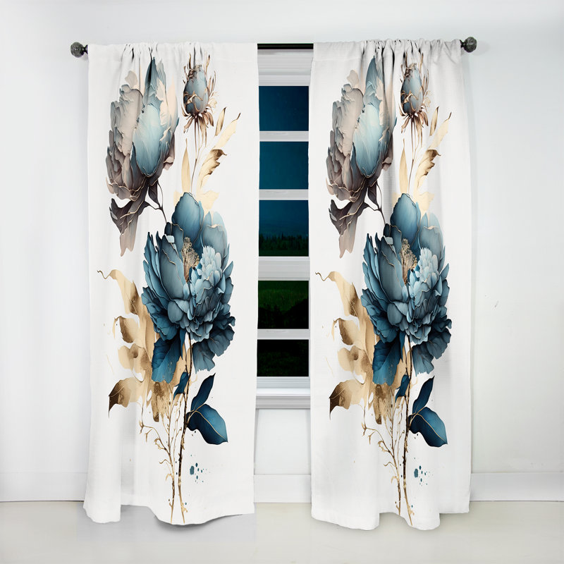 Badley - Hyper Realistic Blue And Gold Peony I - Modern Curtain - Velvet Room Darkening - 1 panel, 52" W x 90" L