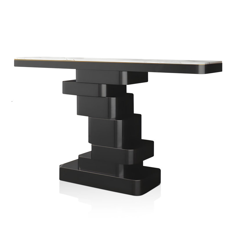 Console moderne 55 po, plateau en marbre manufacturé blanc de haute qualité, structure en métal et acier, Noir