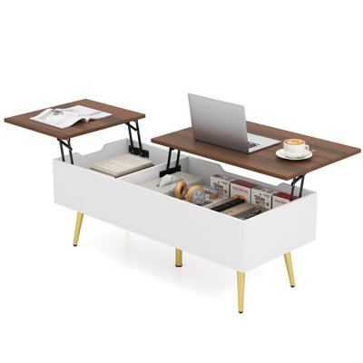 Lift Top Coffee Table w/ Split Top & 2 Hidden Compartments Tapered Metal Legs
