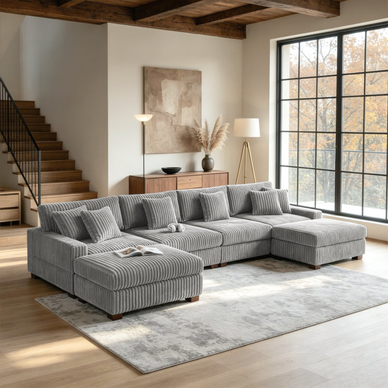 6 - Piece Upholstered Light Gray Faux Rabbit Fur Flannel Modular Sectional Sofa with Throw Pillows & Removable Ottomans