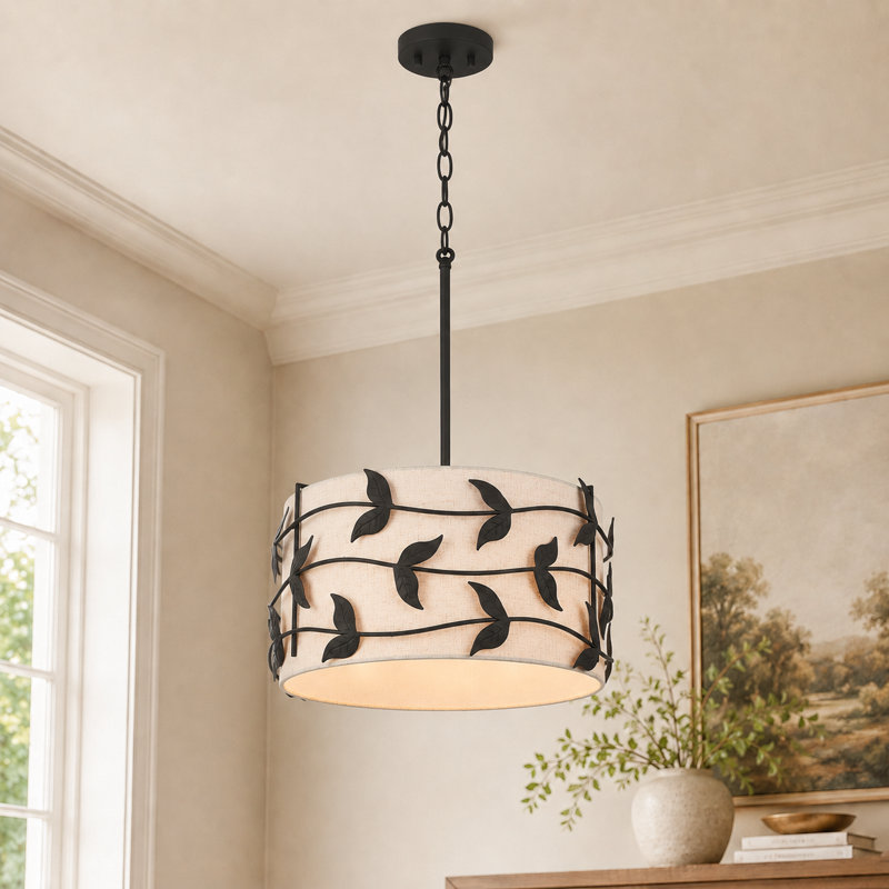 Luminaire suspendu tambour moderne à 4 lumières avec feuille métallique, Noir