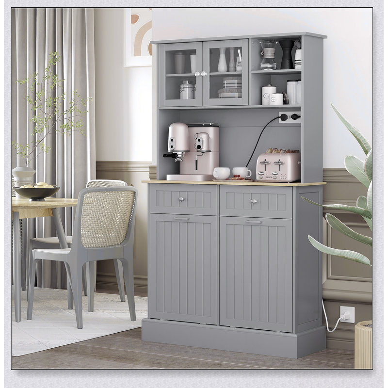 Garde-manger autoportant avec station de charge, bacs à ordures inclinables, support pour micro-ondes, portes en verre et tablette réglable