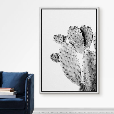 «Signature», reproduction d'art sur toile encadrée, détail de cactus épineux avec bourgeons de plantes florales, art moderne, détente / calme, gris foncé, noir et blanc, pour le salon, la chambre à coucher,