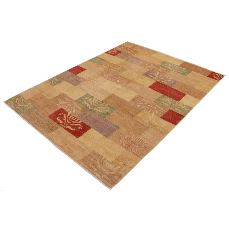 Tapis brun clair / rouge en laine noué à la main à motif géométrique 8 pi 8 po x 11 pi 5 po Paralee