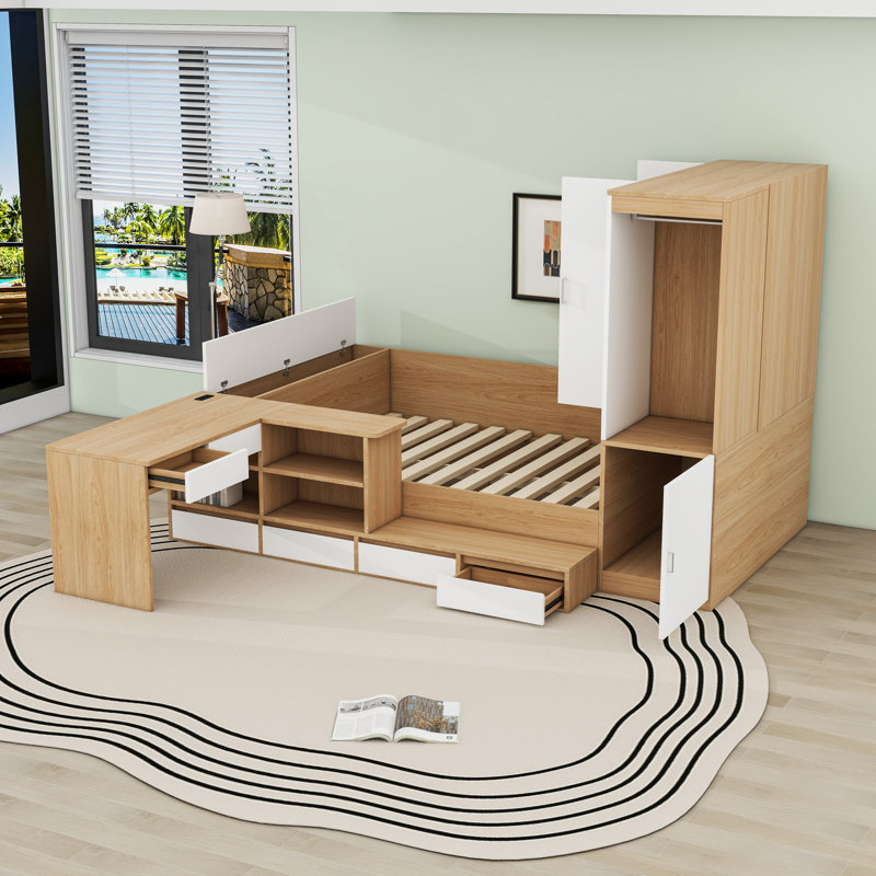Lit plateforme double avec tiroirs, tablettes, bureau et garde-robe, Naturel