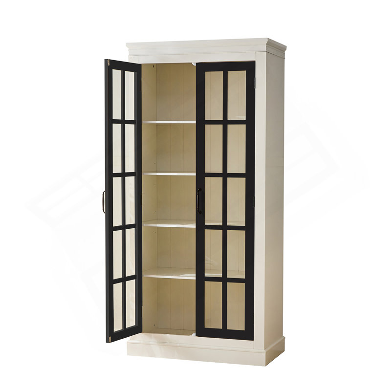 71.2'' Freestanding Glass Door Pantry, Style Display Cabinets, Curio Cabinet With Lattice Window For Hallways, Livingroom Kitchen & Office, White & Balck