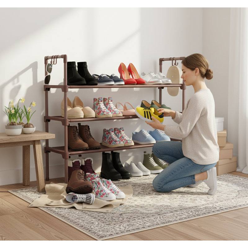 3-Tier Long Shoe Rack with 5 Hooks, Stackable Storage Organizer for Entryway & Small Spaces, Brown