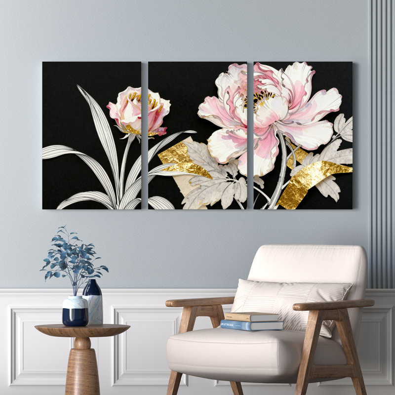 Pivoine rose et feuille d'or, reproduction d'art sur toile, ensemble botanique moderne (ensemble de 3), 18" H x 36" W