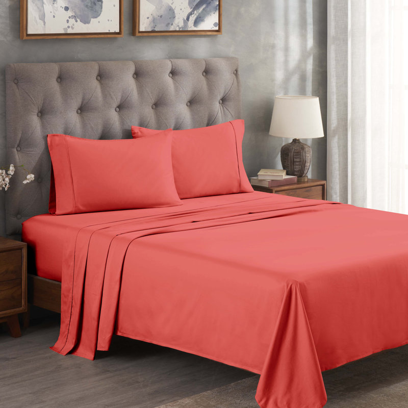 300 Thread Count Certified Egyptian Cotton Blend Solid Deep Pocket Bed Sheet Set, Split King Sheet Set, Coral