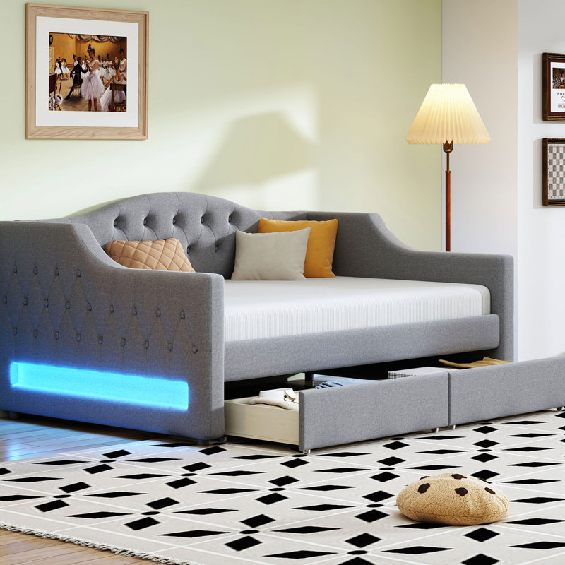 Twin Xl Upholstered Daybed With Gray Linen, Led Belt, 2 Drawers For And Off - Season Items, Structure In Gray, Drawers, Linen Slats Mattress Support Stability