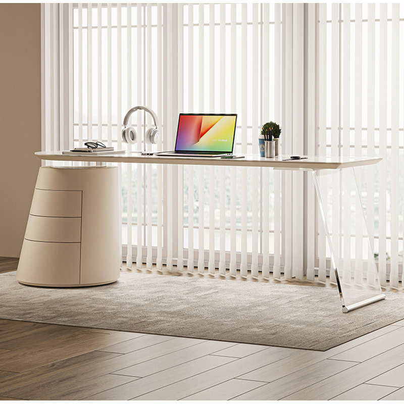 Bureau en pierre frittée crème et acrylique, 30" H x 72.8" W x 19.7" D