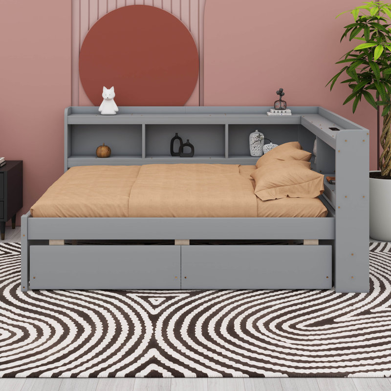 Lit double en forme de L avec bibliothèques USB, 2 tiroirs, gris