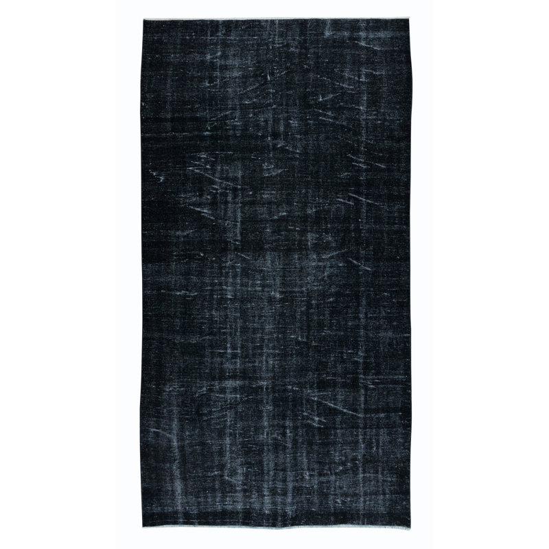 Tapis noir en laine surteint de 5,2 x 9,6 pi fabriqué à la main en Turquie, tapis moderne recyclé