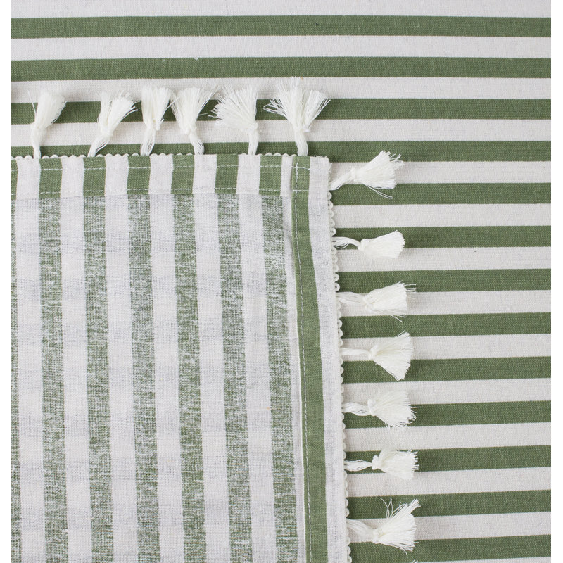 French Blue White Modern Striped Tasseled Cotton Blend 55 X 55 Inch Tablecloth, 55" x  55", Green