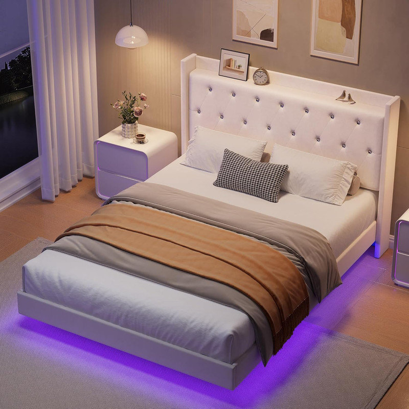 Grand cadre de lit grand avec lumières DEL et tête de lit avec rangement, lit tapissier en velours flottant, Blanc, Grand lit