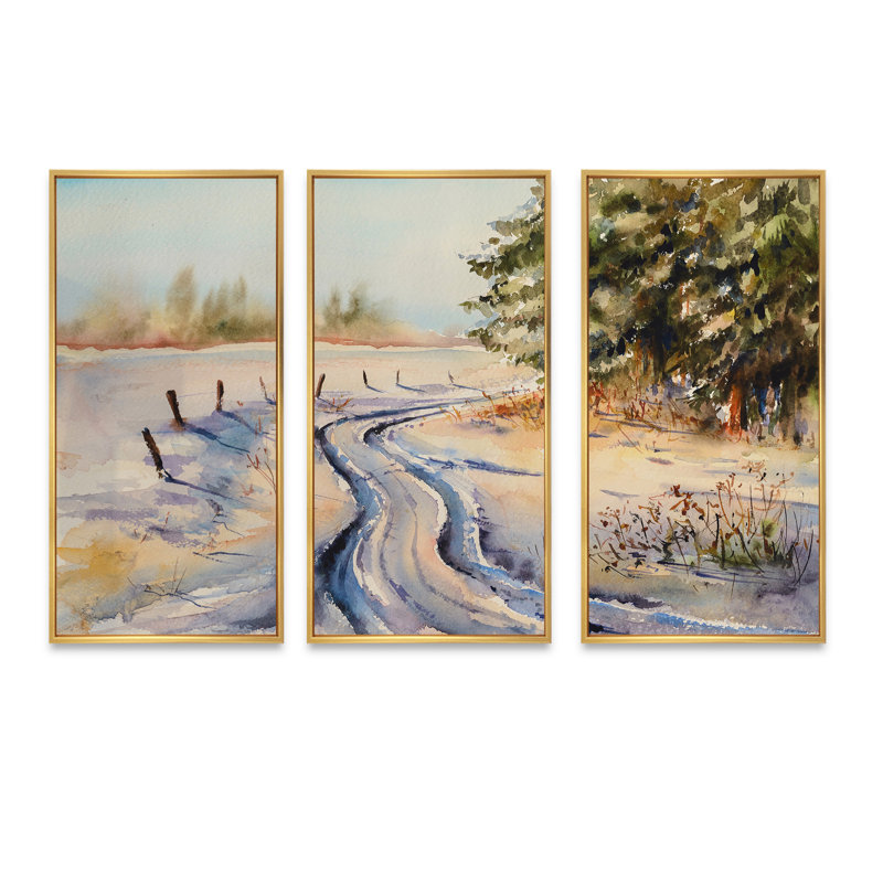 «Snowy Winter Forest Landscape», ensemble d'art mural sur toile encadré champêtre, H 20 po x l 36 po x P 1 po, Or