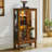 3 Tier Oak Curio Cabinet With Mirrored Back And Magnetic Door Closure Floor Mounted In Tempered Glass Doors-537427713