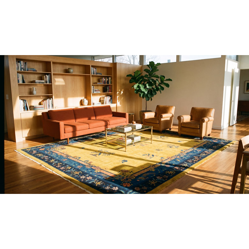 Antique Art Deco Room Size Wool Blue Navy, Yellow Rug