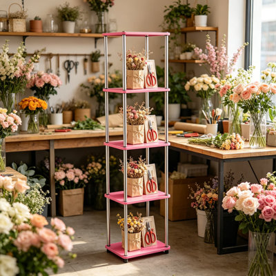 Étagère à 5 niveaux Designs2Go No Tools, finition rose et chrome, structure en acier robuste avec tablettes en bois manufacturé