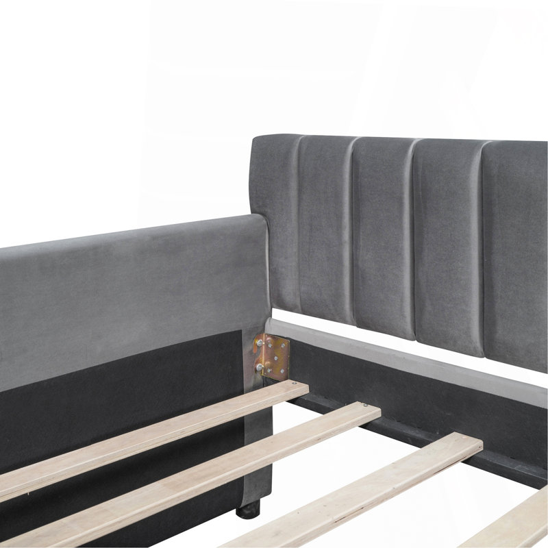 Lit de jour simple tapissier avec tiroirs, support en lattes de bois, gris, Gris, Lit simple