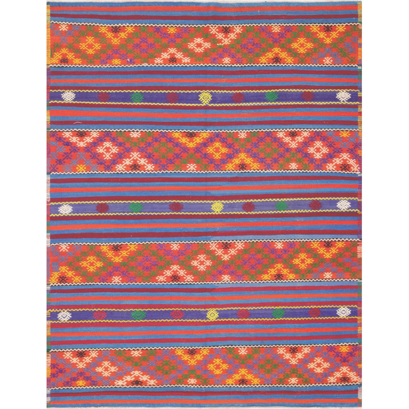 Tapis unique en laine noué à la main de style années 1960 de 6 pi 1 po x 7 pi 11 po rouge / bleu marine / vert