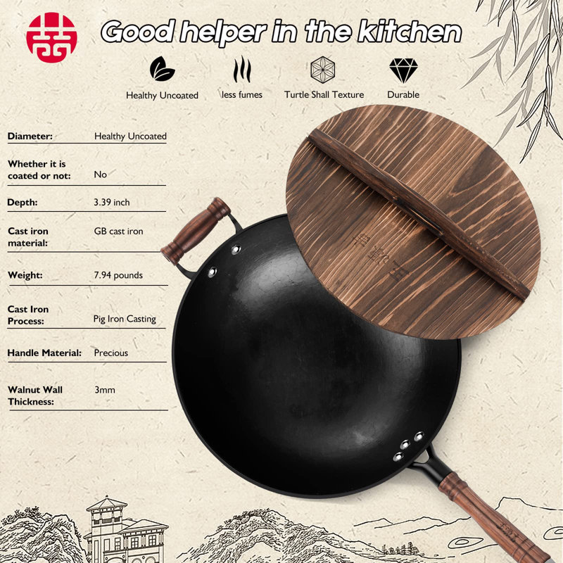 Handcrafted Black Cast Iron Wok with Wooden Lid