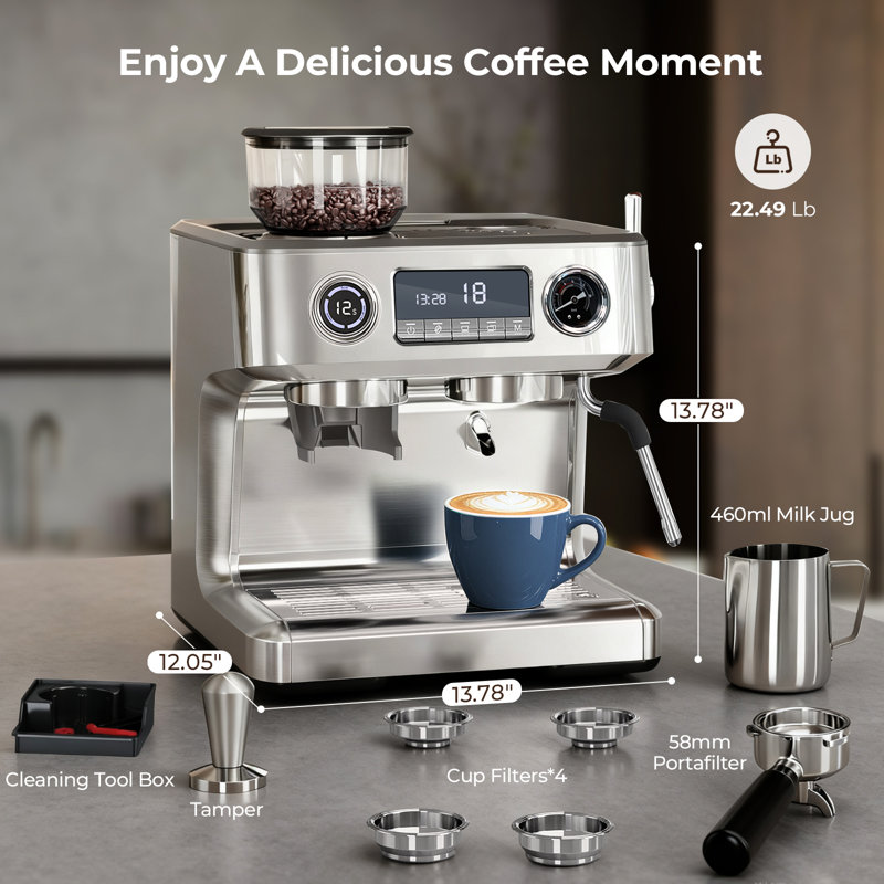 Electactic 20-Bar Programmable Espresso Maker - 30 Grinder, Milk Frother, Silver