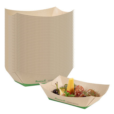 Restaurantware-Sustain 1 Pound Disposable Food Trays, 200 Sturdy Paper Food Trays - With PLA lining, Compostable, Bamboo Paper Serving Boats, Open-Top Design, Greaseproof