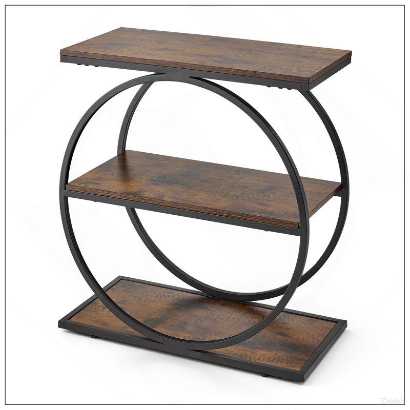 End Table, 3-Tier Narrow Side Table with Open Storage Shelves, Modern Nightstand Bedside Desk with Round Metal Frame, Wood Sofa Coffee Desk for Living Room, Bedroom, Office, Rustic Brown