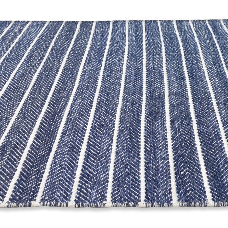 Coastal Directional Striped Flatweave Blue/White Wool Area Rug By Tufty Home, Rectangle 2' x 3'