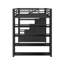 Lit mezzanine double en métal avec tablettes de rangement, armoires et garde-robe