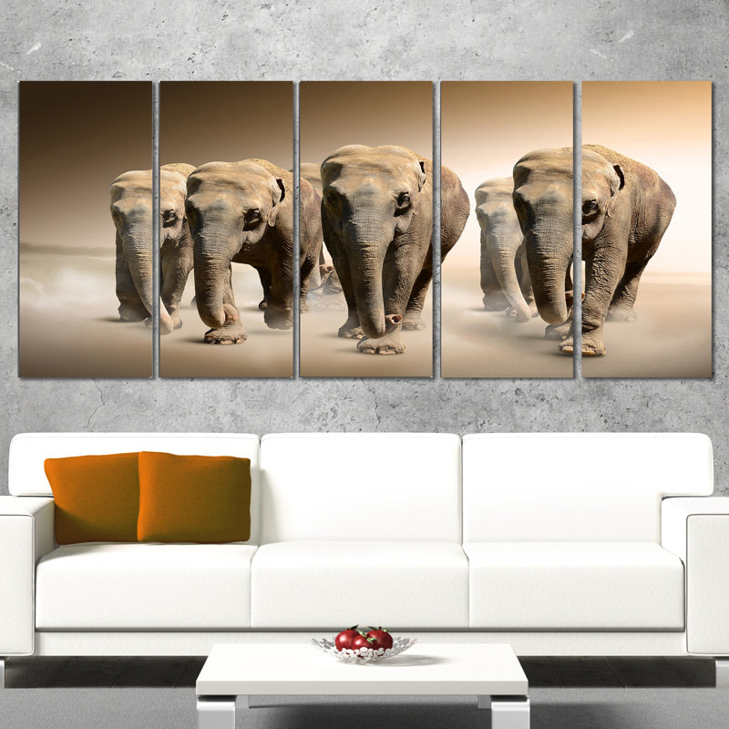 Large Elephant Herd Canvas Print in 5 Panels