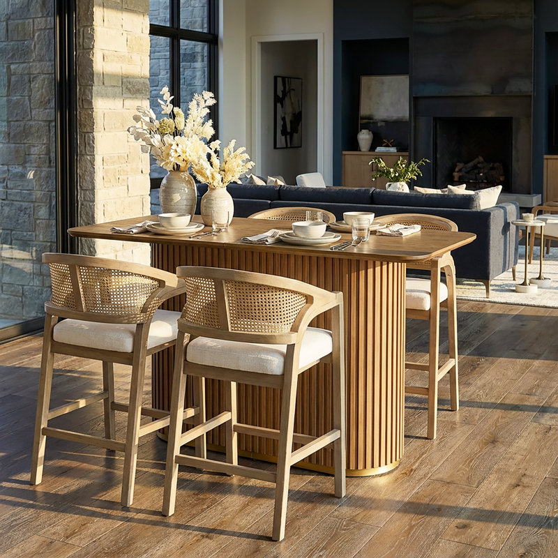 Kyra 5-Piece Mid-Century Modern Rubberwood Counter Bar Set With Rattan Back Stools, Beige/Light Ash, Light Ash