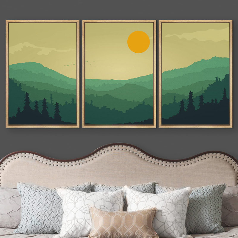 Abstract Mountain " Western Decor Abstract Nature Artwork Illustration VIII Sun And Mountains Minimal Landscape " 3 - Pieces