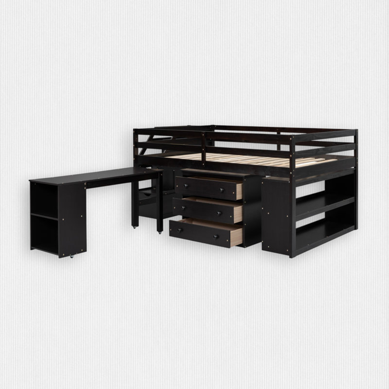 Harriell Space-Saving Full Size Loft Bed with Stair Storage, Desk and Extra Drawers and Shelves, Espresso