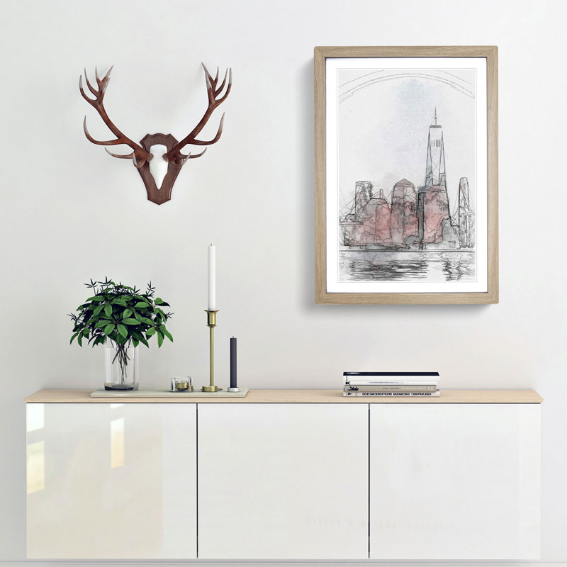Downtown New York City Skyline in Abstract - Picture Frame Graphic Art Print, 48cm H x 36cm W x 2cm D, Oak Framed