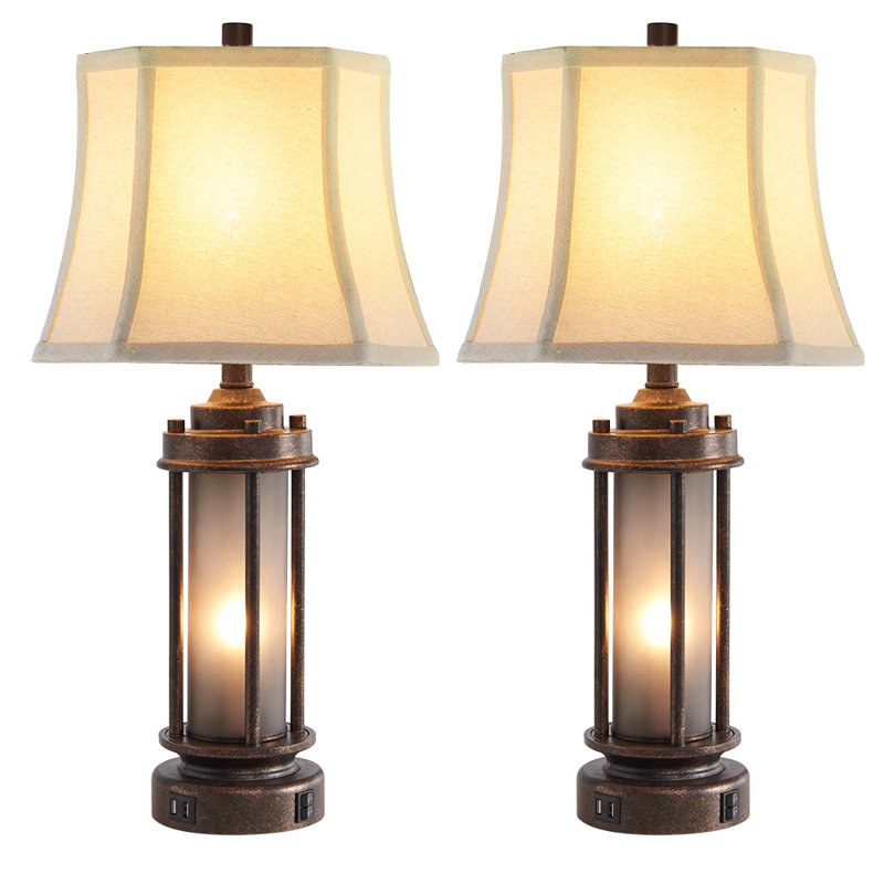 25" Latwanda Table Lamp Set With Night Light And USB Ports, Brown