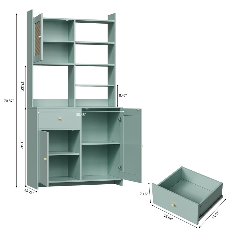 71" Tall Kitchen Pantry Cabinet, Farmhouse Hutch with Microwave Stand, Buffet w/ Rattan Doors & Drawers, Green, Green