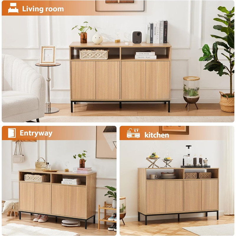 Buffet Buffet avec rangement, table basse cannelée naturelle avec portes et tablettes réglables, armoire moderne en bois pour la cuisine, le salon, le vestibule