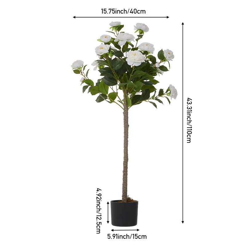 110cm Faux Camellia Tree in Pot, White