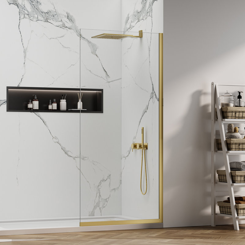 Panneau de douche simple fixe en verre 34 po x 74 po, porte de verre de douche en verre trempé épais de 3/8 po de couleur or