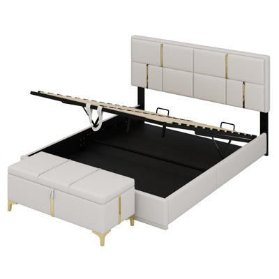 Ensemble de chambre à coucher 2 pièces, lit plateforme tapissier avec système de rangement hydraulique, repose-pieds de rangement avec pieds en métal
