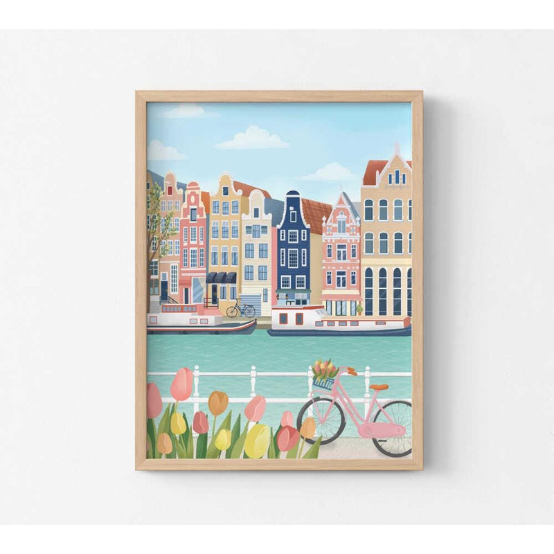 Tulipes au bord du canal - reproduction d'art de voyage à Amsterdam, Tanné, Impression encadrée sans passe-partout