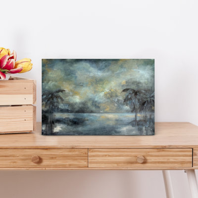 «Moody Tropical Reflections Dramatic Dreamy Peaceful Palm Tree Coastal Landscape», art mural