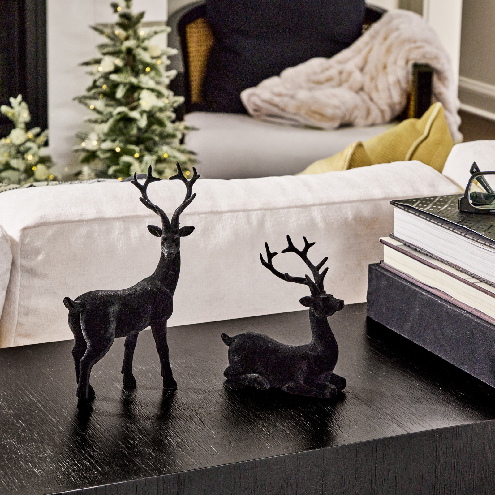 2-Piece Flocked Deer Figurine Set, Black