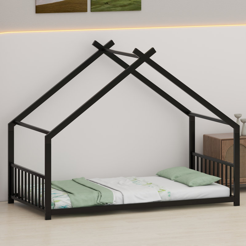 Cadre de lit en métal pour enfants avec silhouette de maison, Noir